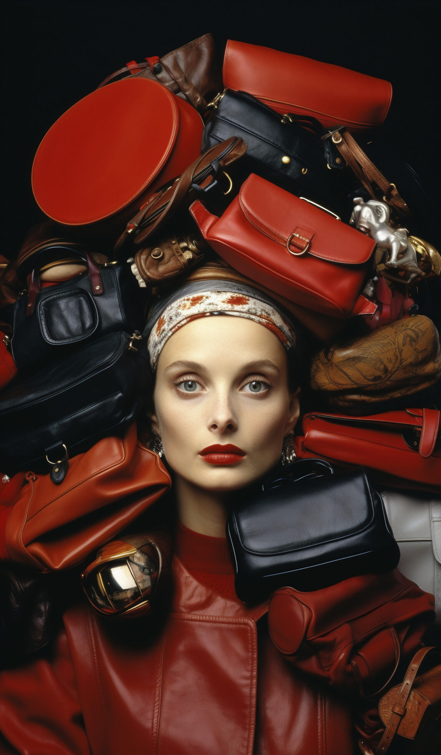 fast fashion concept with woman piles bags scaled